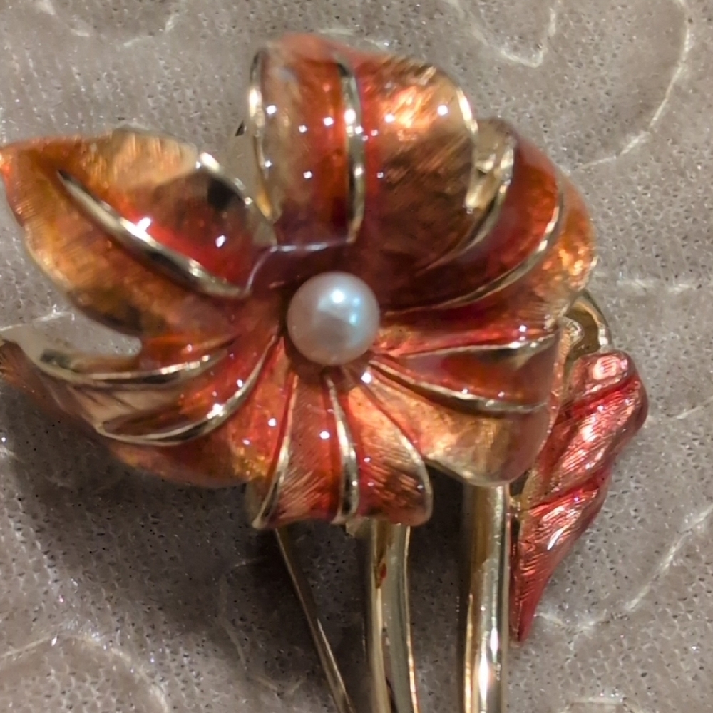 Vintage Erwin Pearl Elegant Gold and Orange Floral Brooch